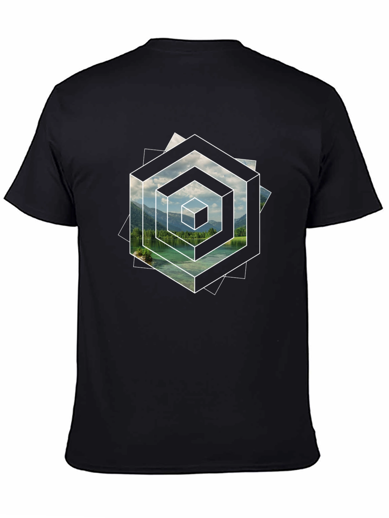 Optical Illusion Lake Graphic Black T-Shirt