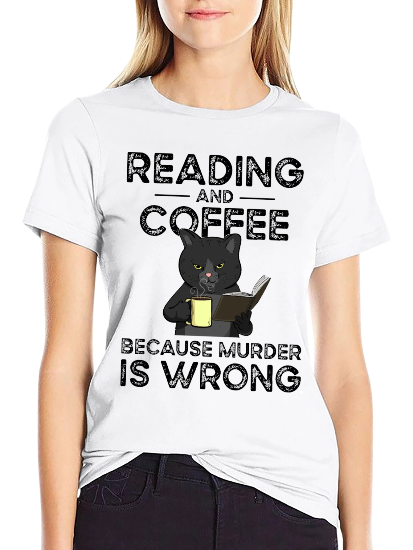 Reading and Coffee Cat Graphic T-Shirt