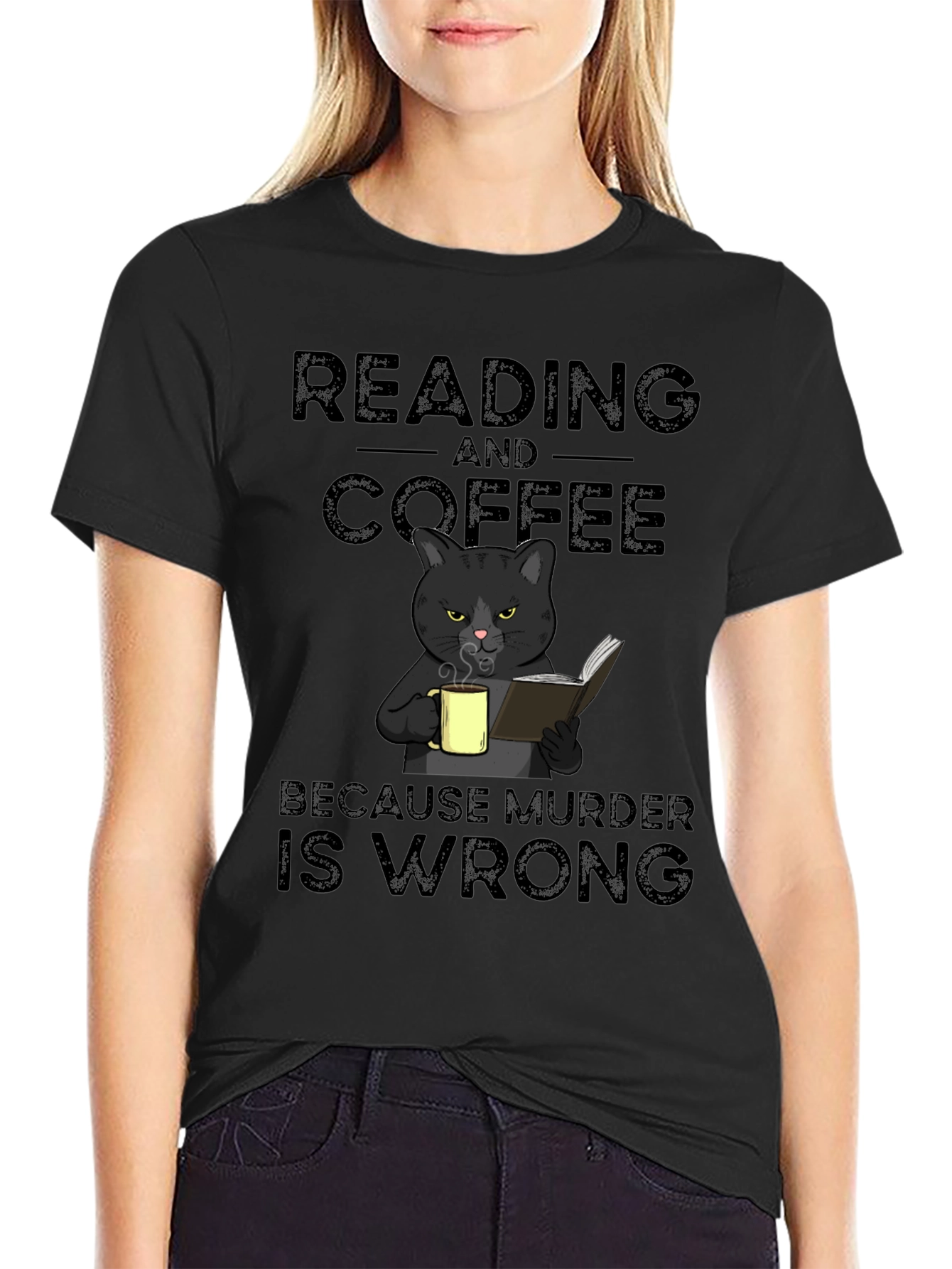 Reading and Coffee Cat Graphic T-Shirt