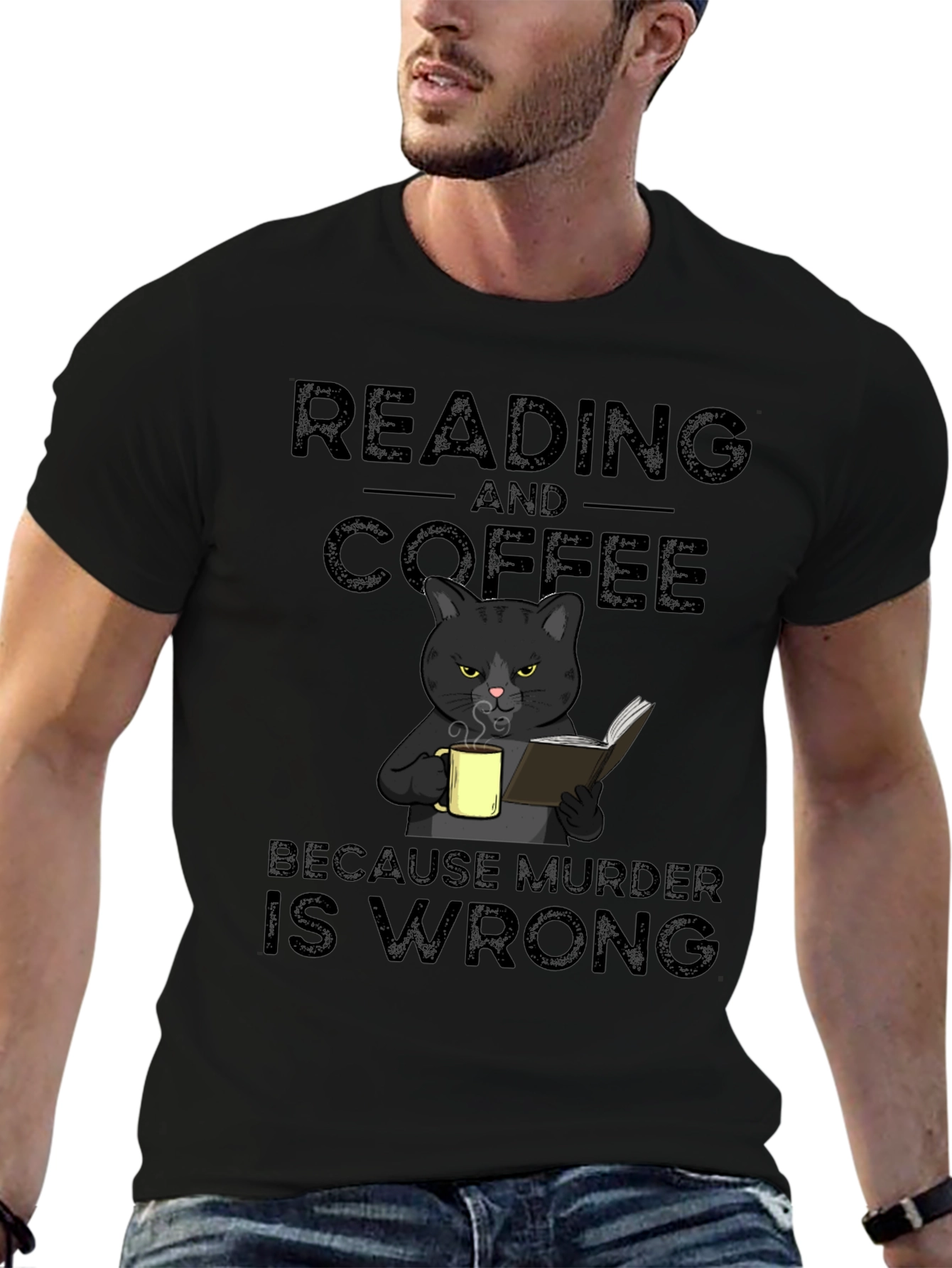 Reading and Coffee Cat Graphic T-Shirt