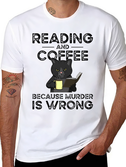 Reading and Coffee Cat Graphic T-Shirt