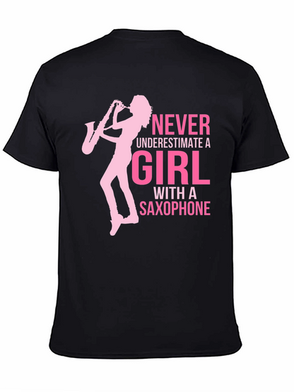 Girl with Saxophone Graphic T-Shirt - Black Cotton Tee
