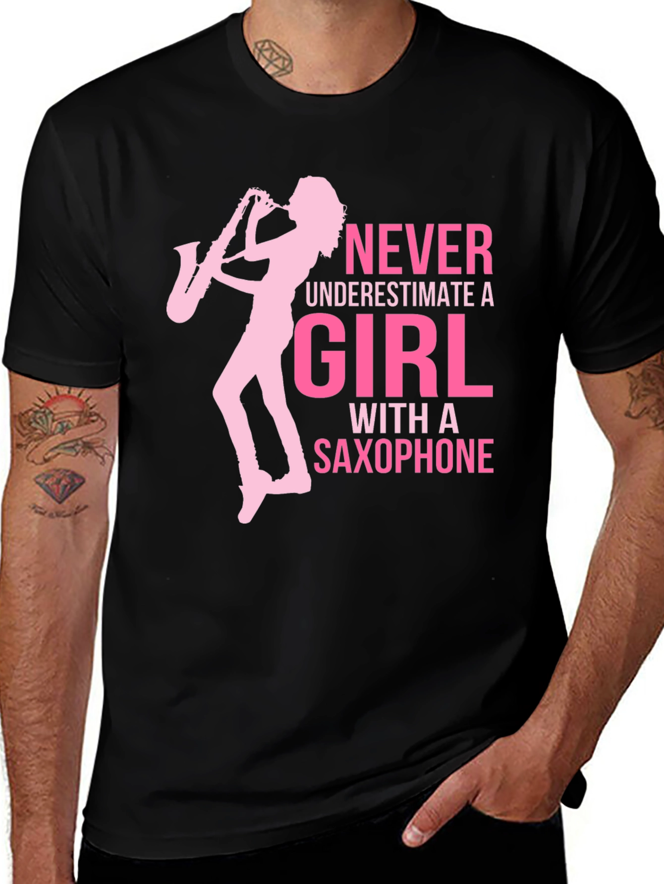 Girl with Saxophone Graphic T-Shirt - Black Cotton Tee