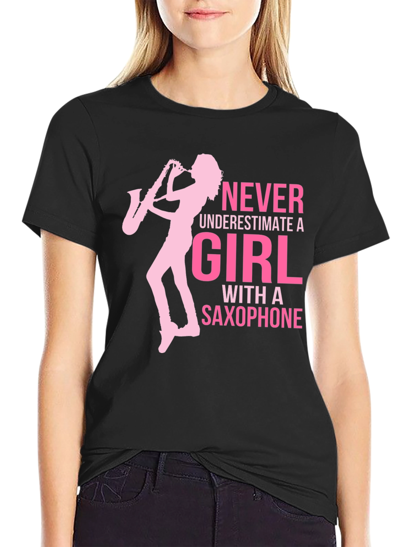 Girl with Saxophone Graphic T-Shirt - Black Cotton Tee