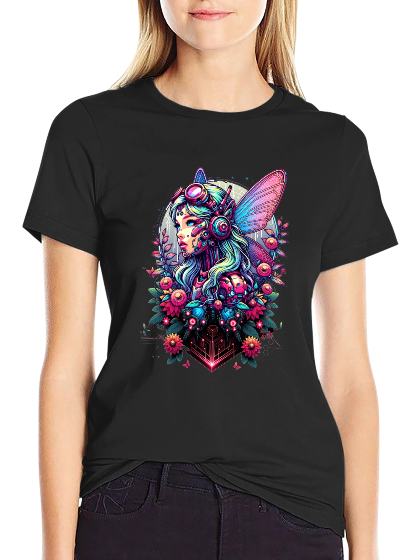 Cyberpunk Fairy Graphic Tee - Sci-Fi Fantasy Shirt