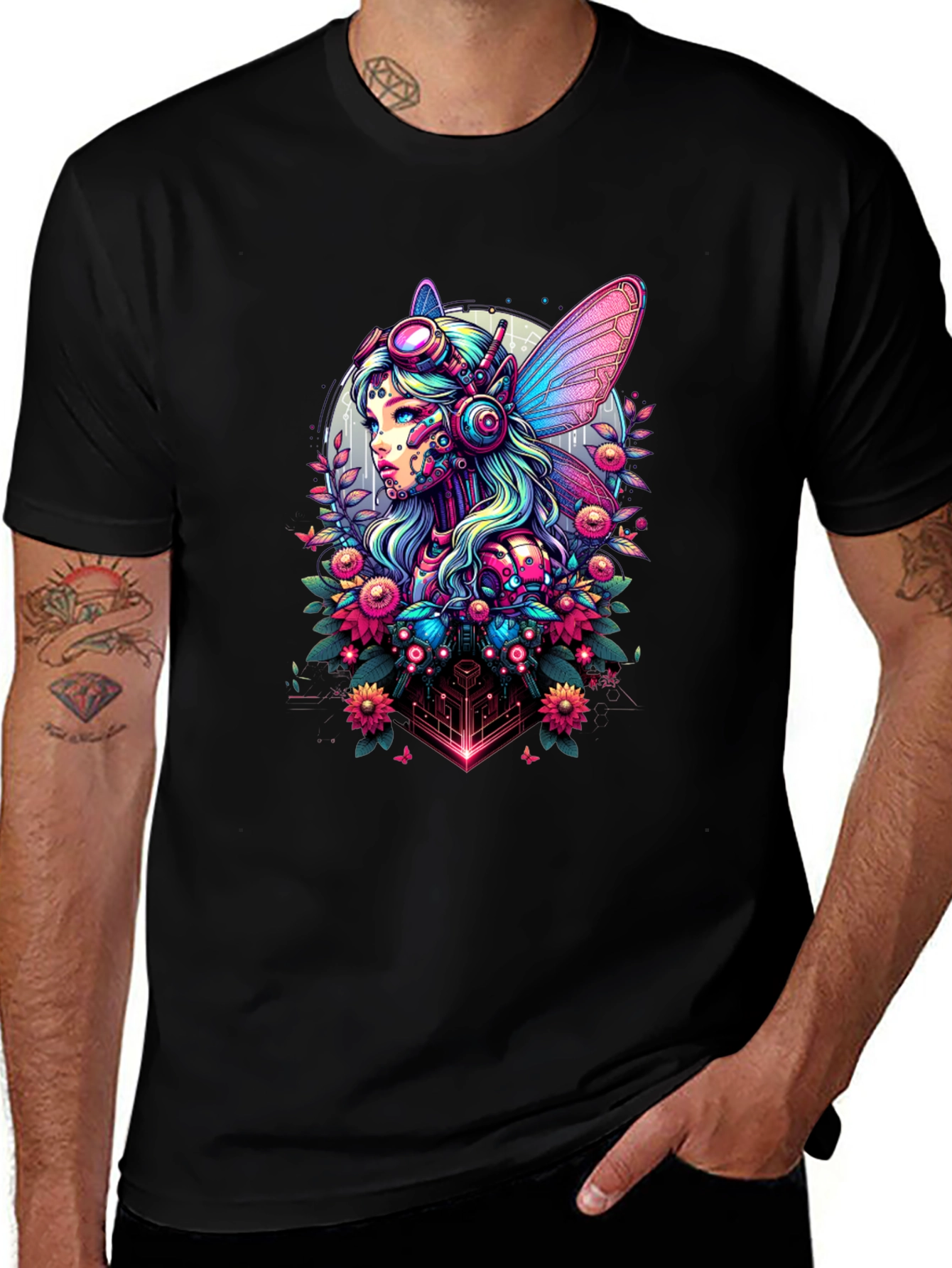 Cyberpunk Fairy Graphic Tee - Sci-Fi Fantasy Shirt