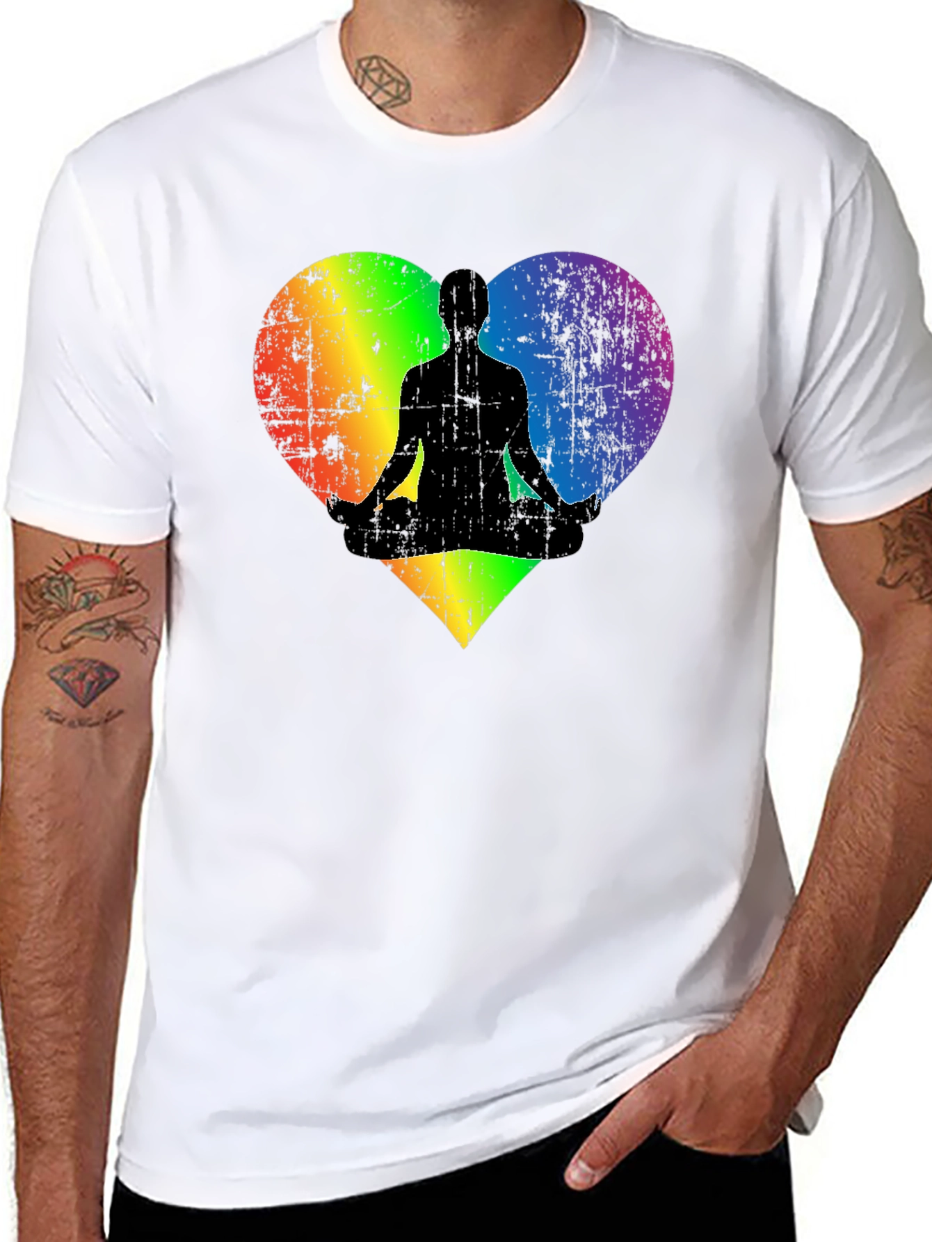 Rainbow Heart Yoga Pose Mens Black T-Shirt