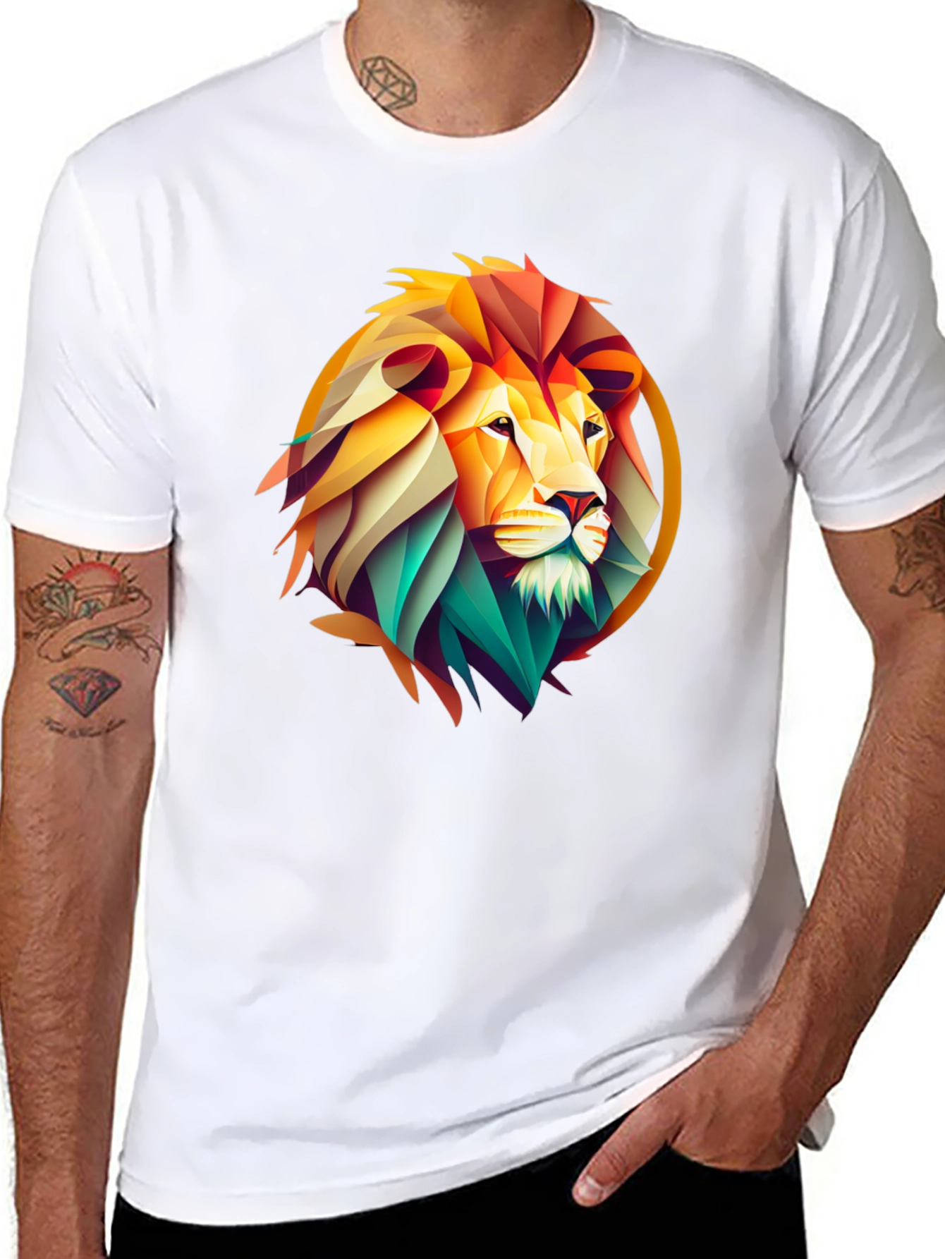 Geometric Lion Graphic Print Black T-Shirt