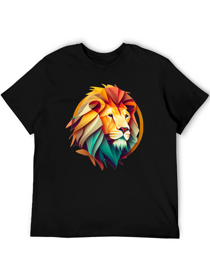 Geometric Lion Graphic Print Black T-Shirt
