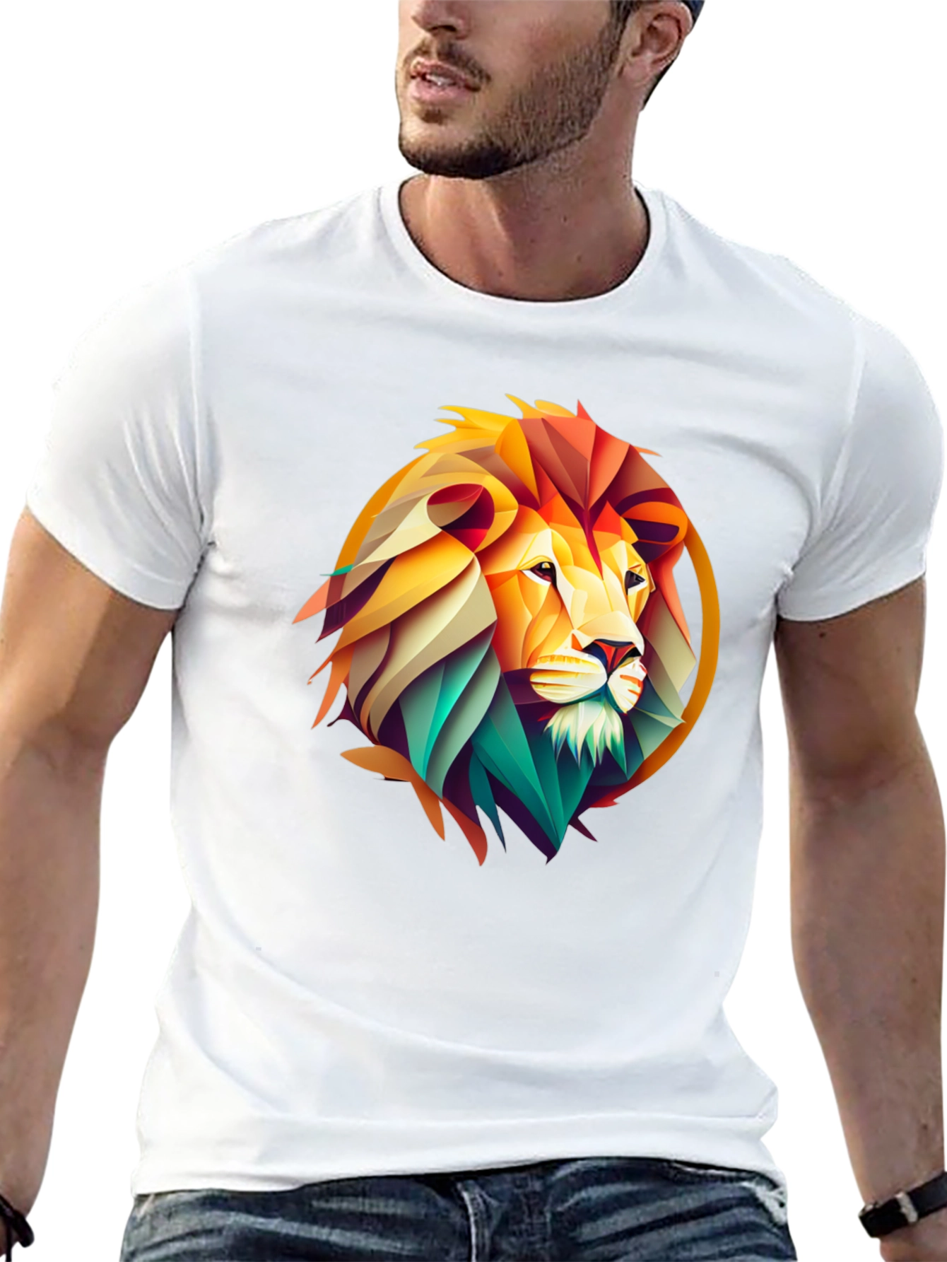 Geometric Lion Graphic Print Black T-Shirt