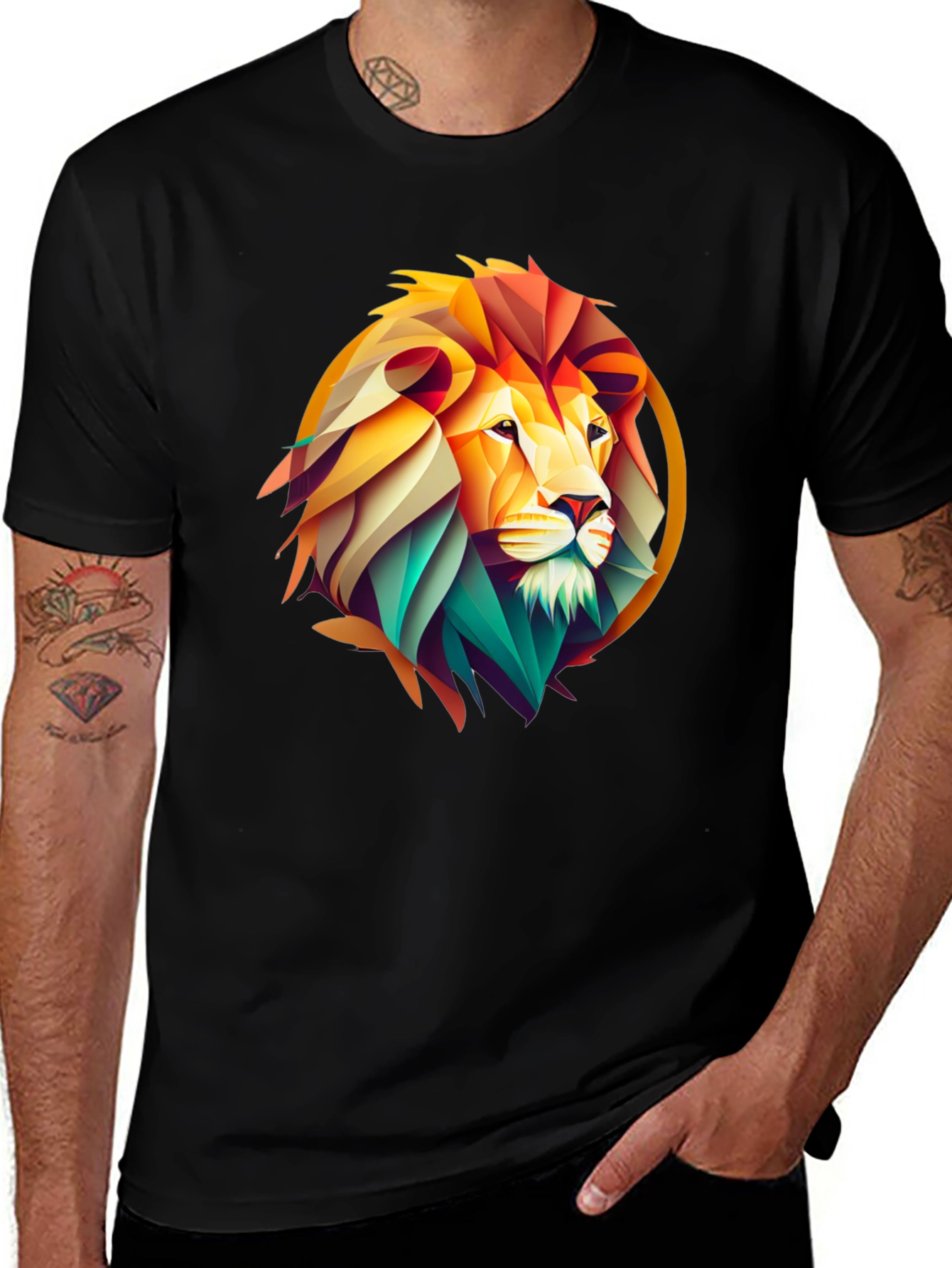 Geometric Lion Graphic Print Black T-Shirt