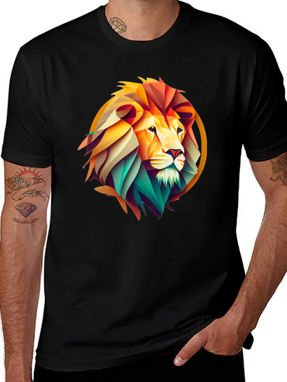 Geometric Lion Graphic Print Black T-Shirt