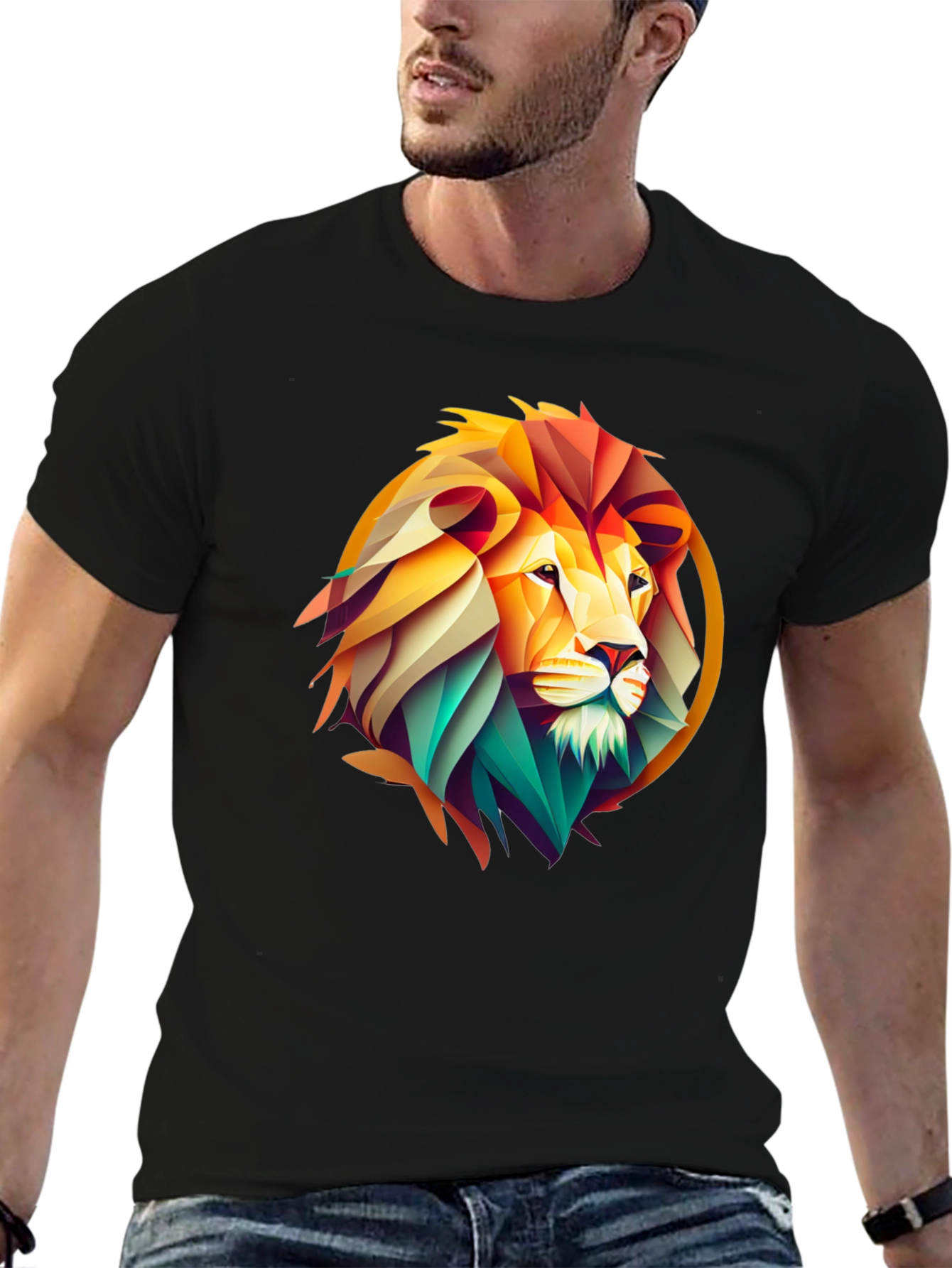 Geometric Lion Graphic Print Black T-Shirt