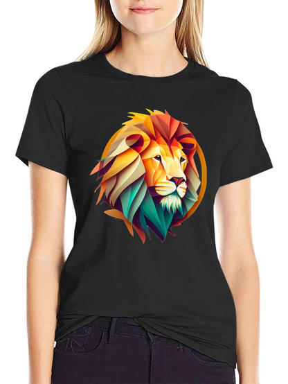 Geometric Lion Graphic Print Black T-Shirt