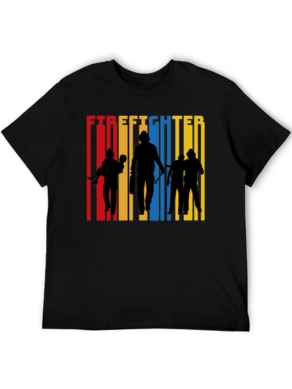 Firefighter Silhouette Graphic Tee - Crew Neck Cotton T-Shirt