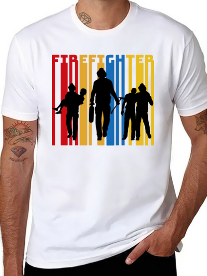 Firefighter Silhouette Graphic Tee - Crew Neck Cotton T-Shirt