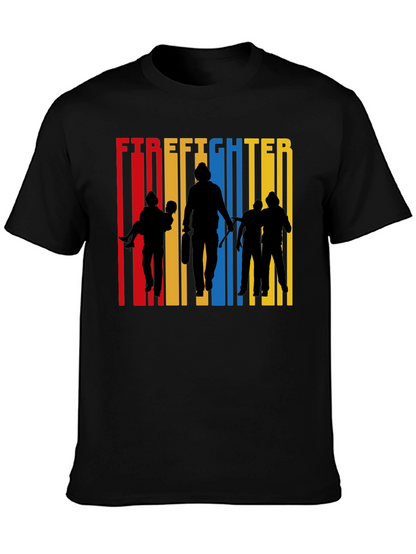 Firefighter Silhouette Graphic Tee - Crew Neck Cotton T-Shirt