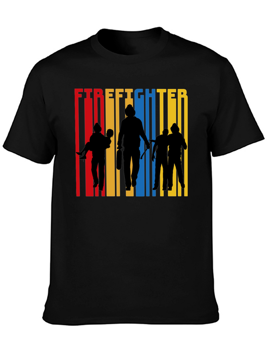 Firefighter Silhouette Graphic Tee - Crew Neck Cotton T-Shirt
