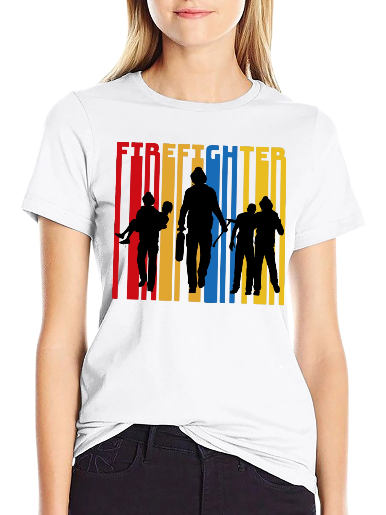 Firefighter Silhouette Graphic Tee - Crew Neck Cotton T-Shirt