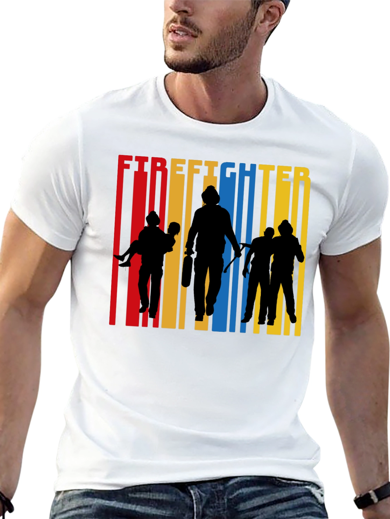 Firefighter Silhouette Graphic Tee - Crew Neck Cotton T-Shirt