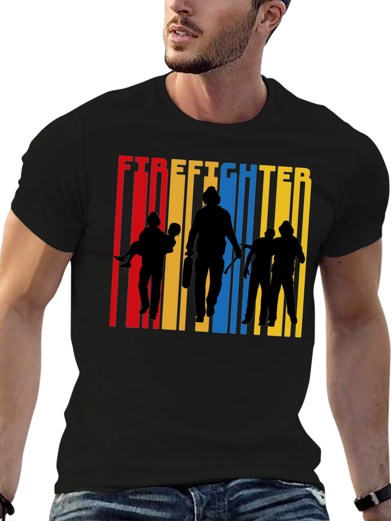 Firefighter Silhouette Graphic Tee - Crew Neck Cotton T-Shirt