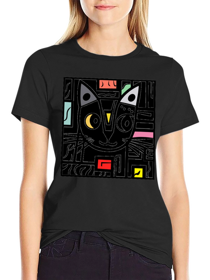 Abstract Cat Graphic T-Shirt - Modern Black Tee