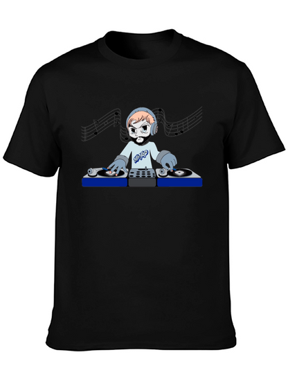 DJ Cartoon Graphic Tee - Black Crew Neck T-Shirt