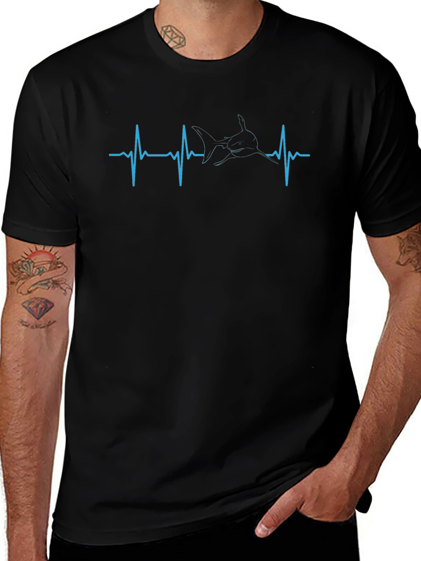 Shark Heartbeat Graphic Tee - Black Cotton T-Shirt