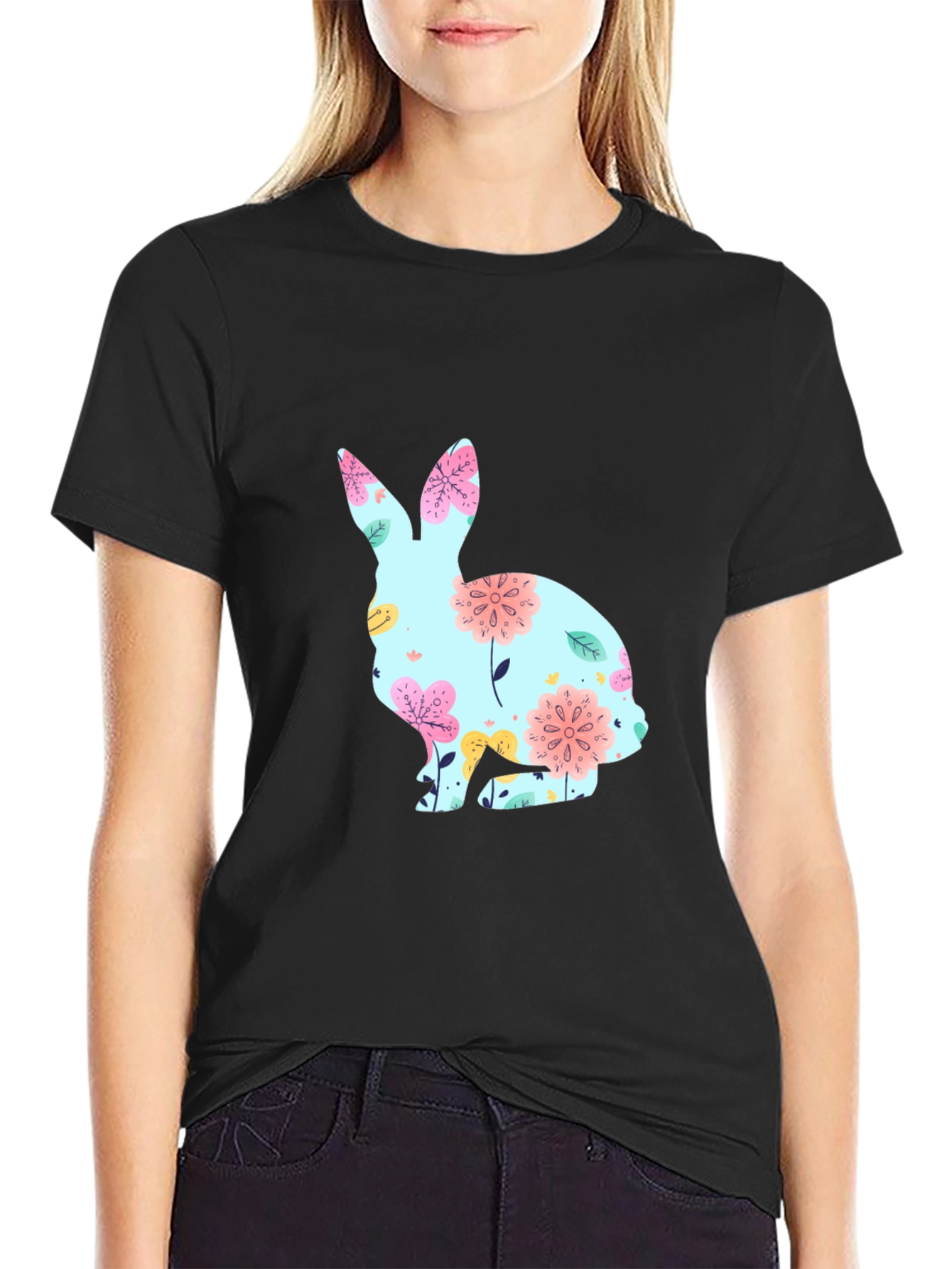 Floral Bunny Graphic T-Shirt - Black Easter Tee