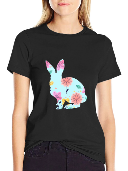 Floral Bunny Graphic T-Shirt - Black Easter Tee