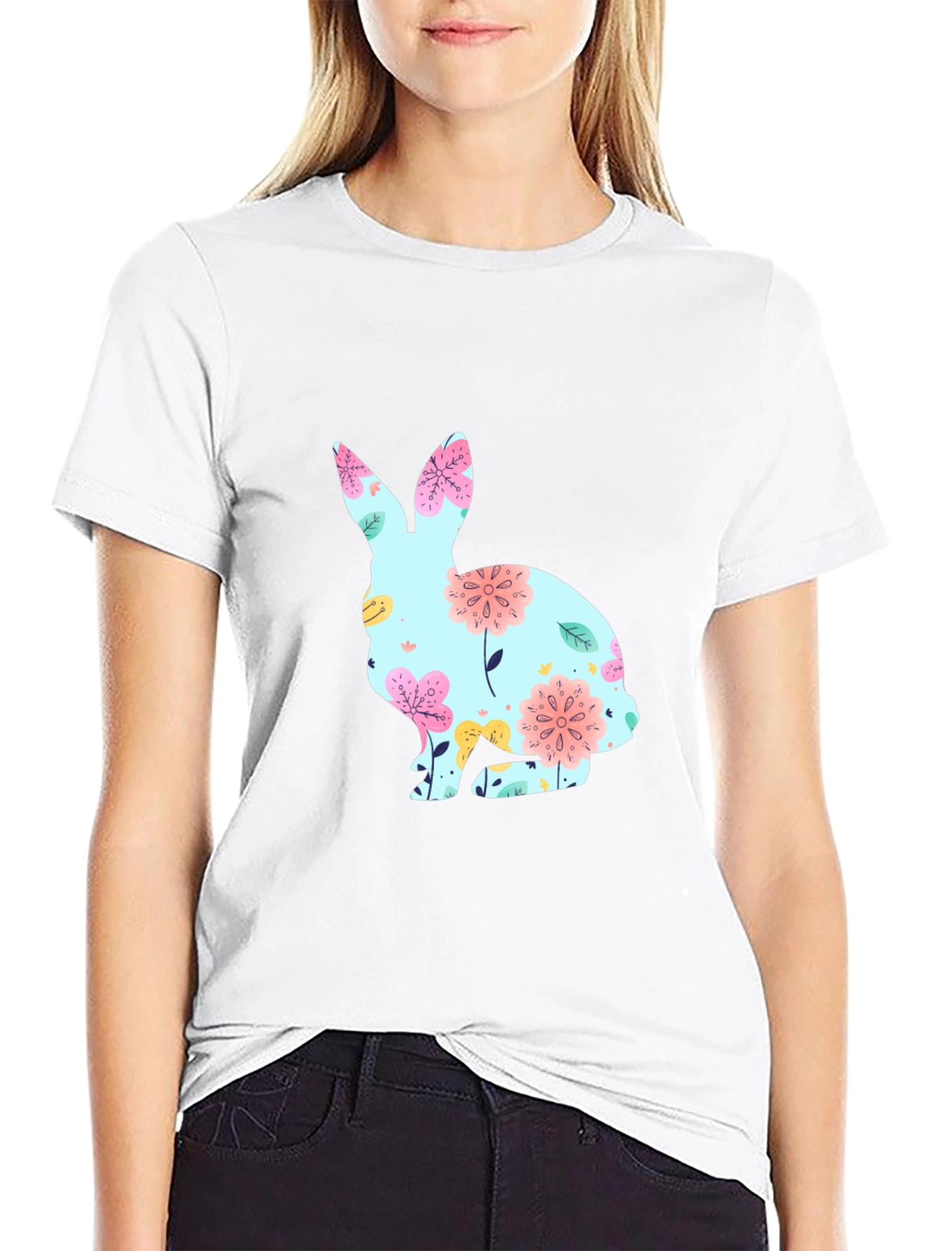 Floral Bunny Graphic T-Shirt - Black Easter Tee
