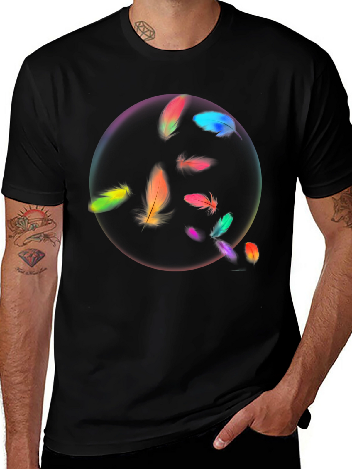 Feather Circle Graphic Black T-Shirt