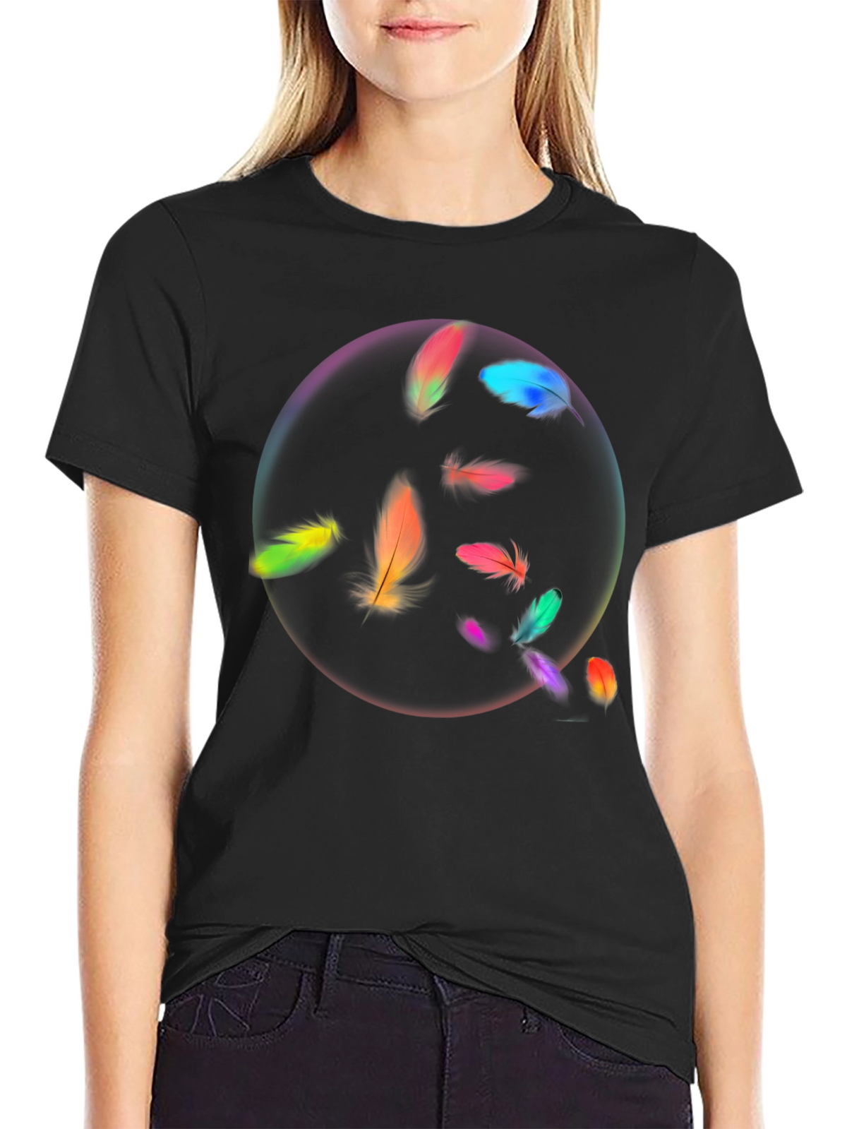 Feather Circle Graphic Black T-Shirt