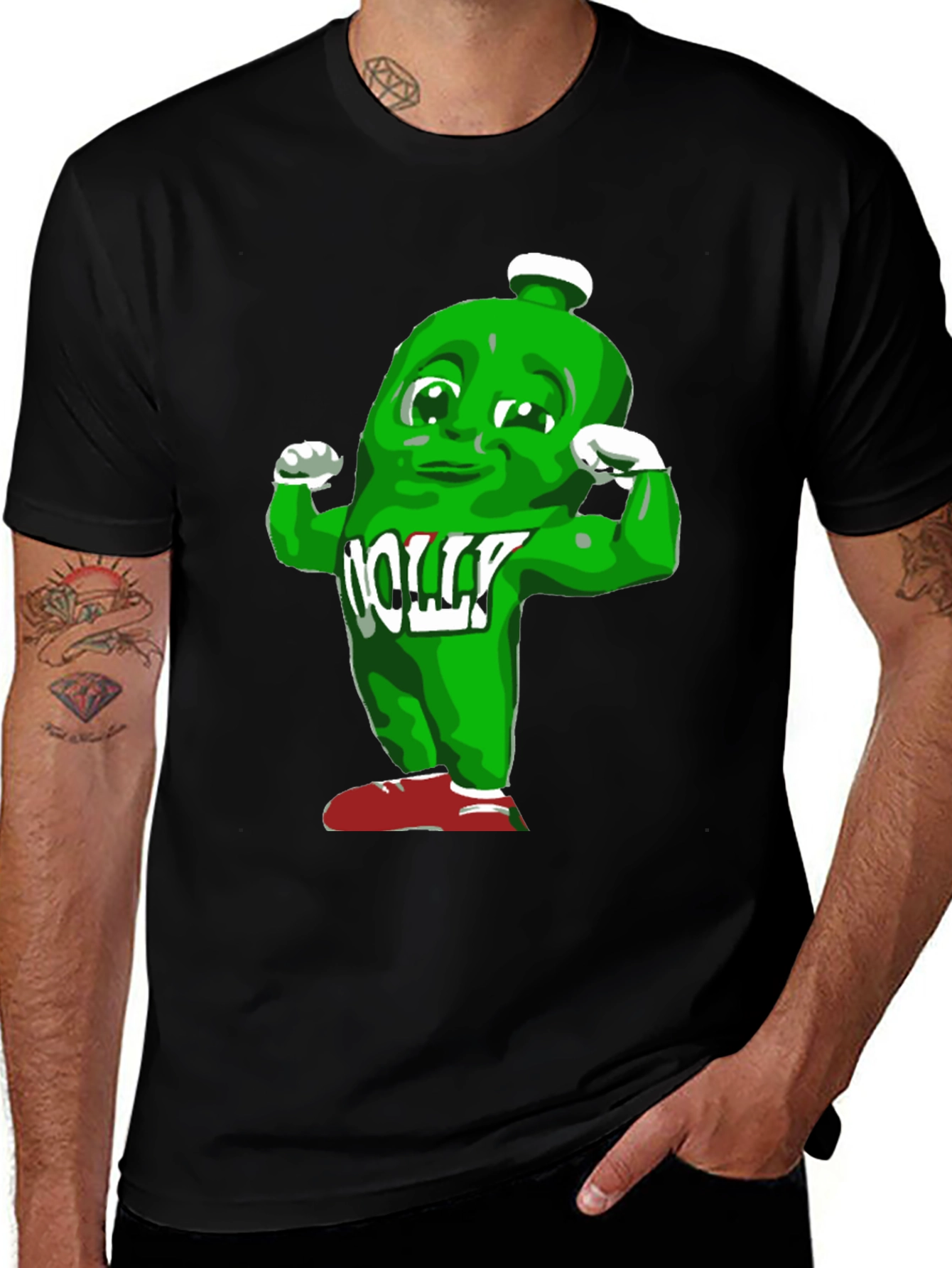 Funny Muscle Green Bottle Cartoon Black T-Shirt