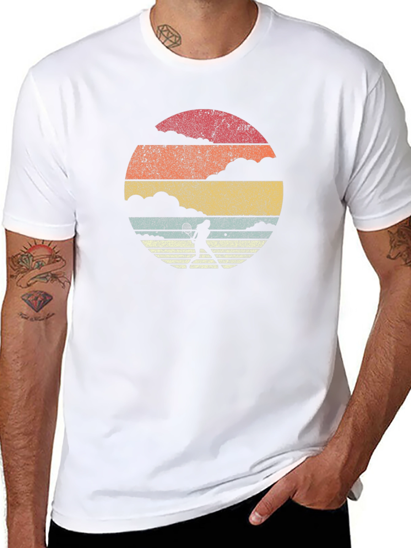 Retro Tennis Player Graphic Tee - Black Cotton T-Shirt