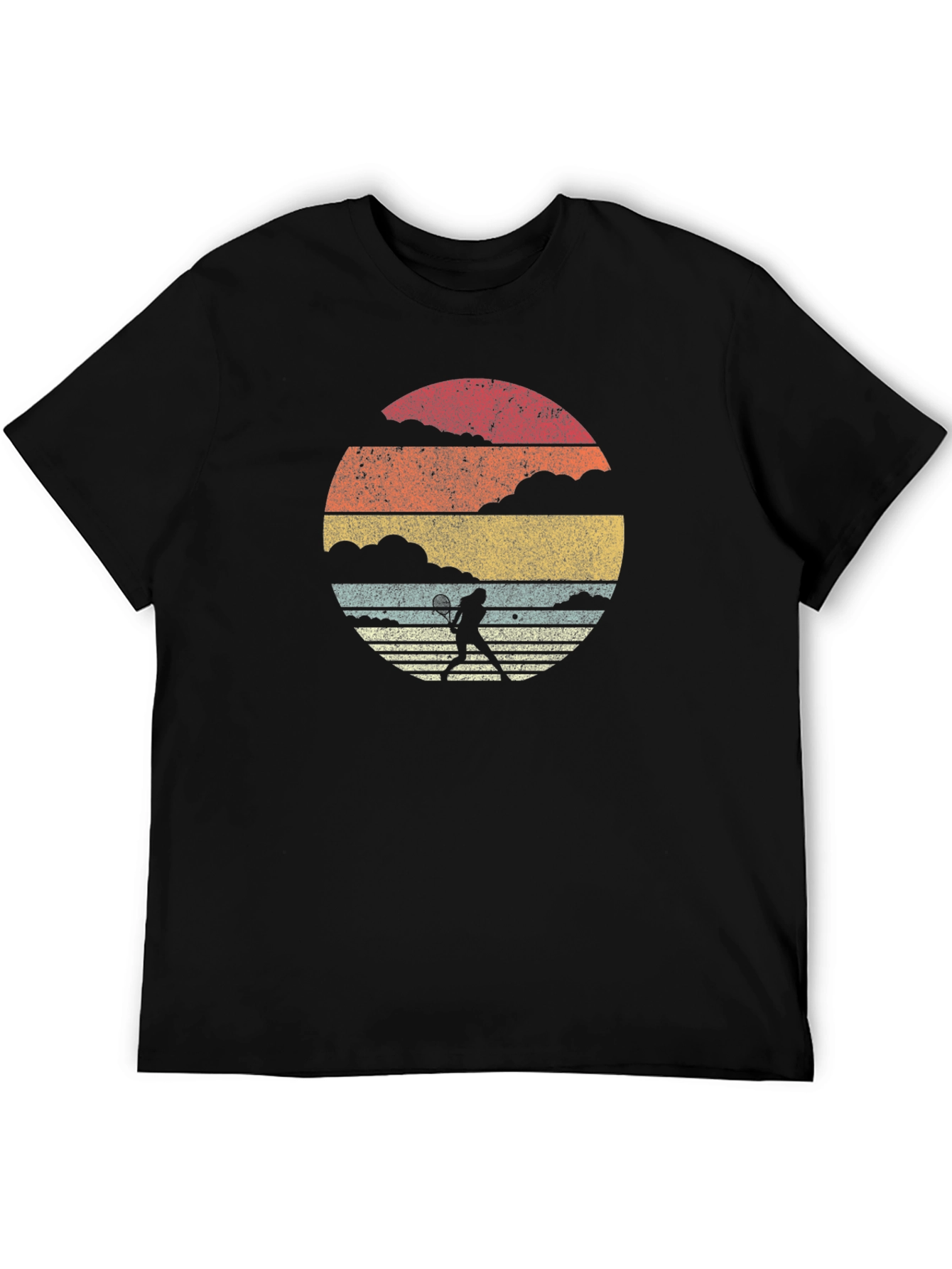 Retro Tennis Player Graphic Tee - Black Cotton T-Shirt