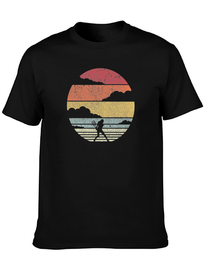 Retro Tennis Player Graphic Tee - Black Cotton T-Shirt