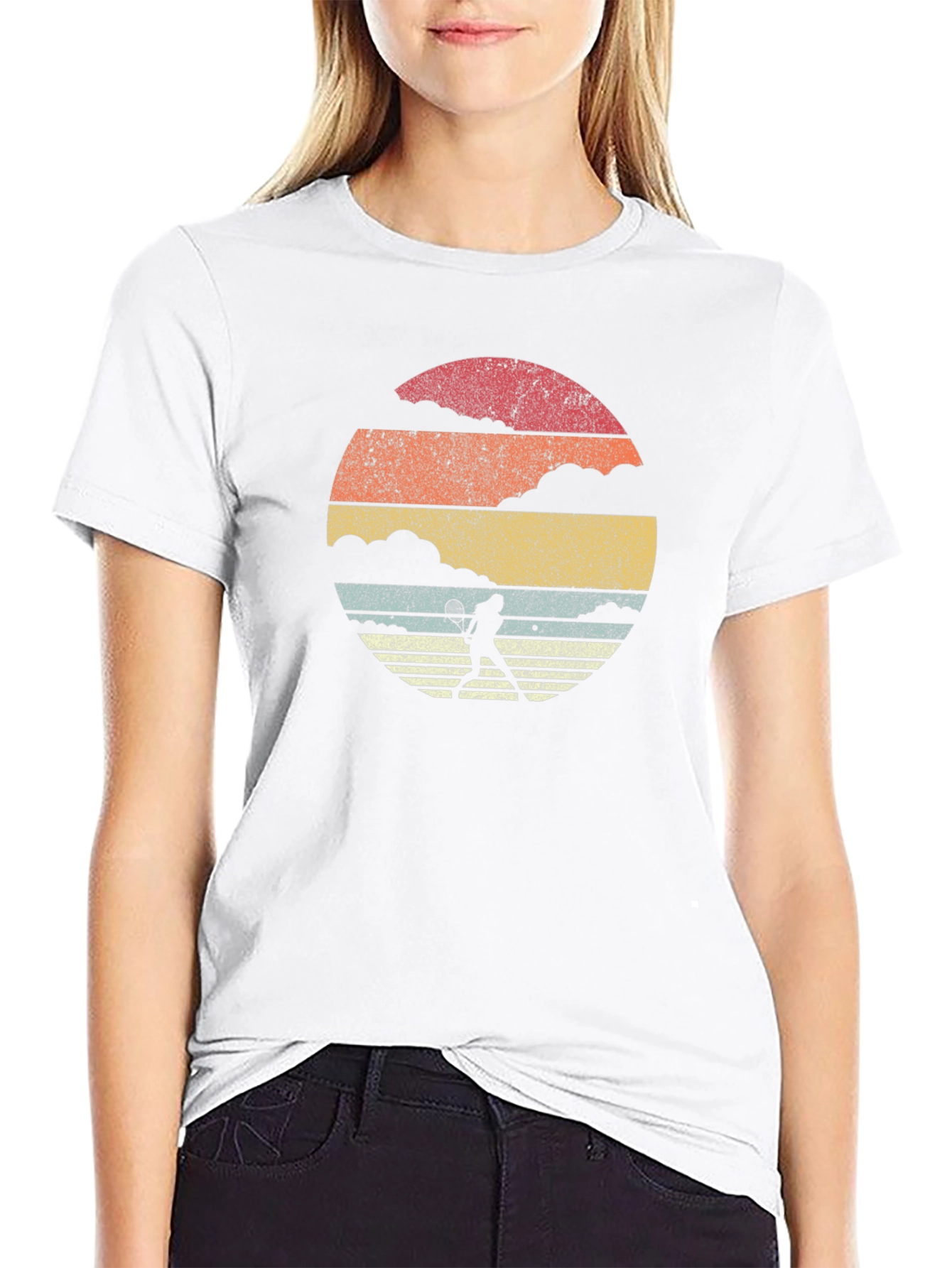 Retro Tennis Player Graphic Tee - Black Cotton T-Shirt