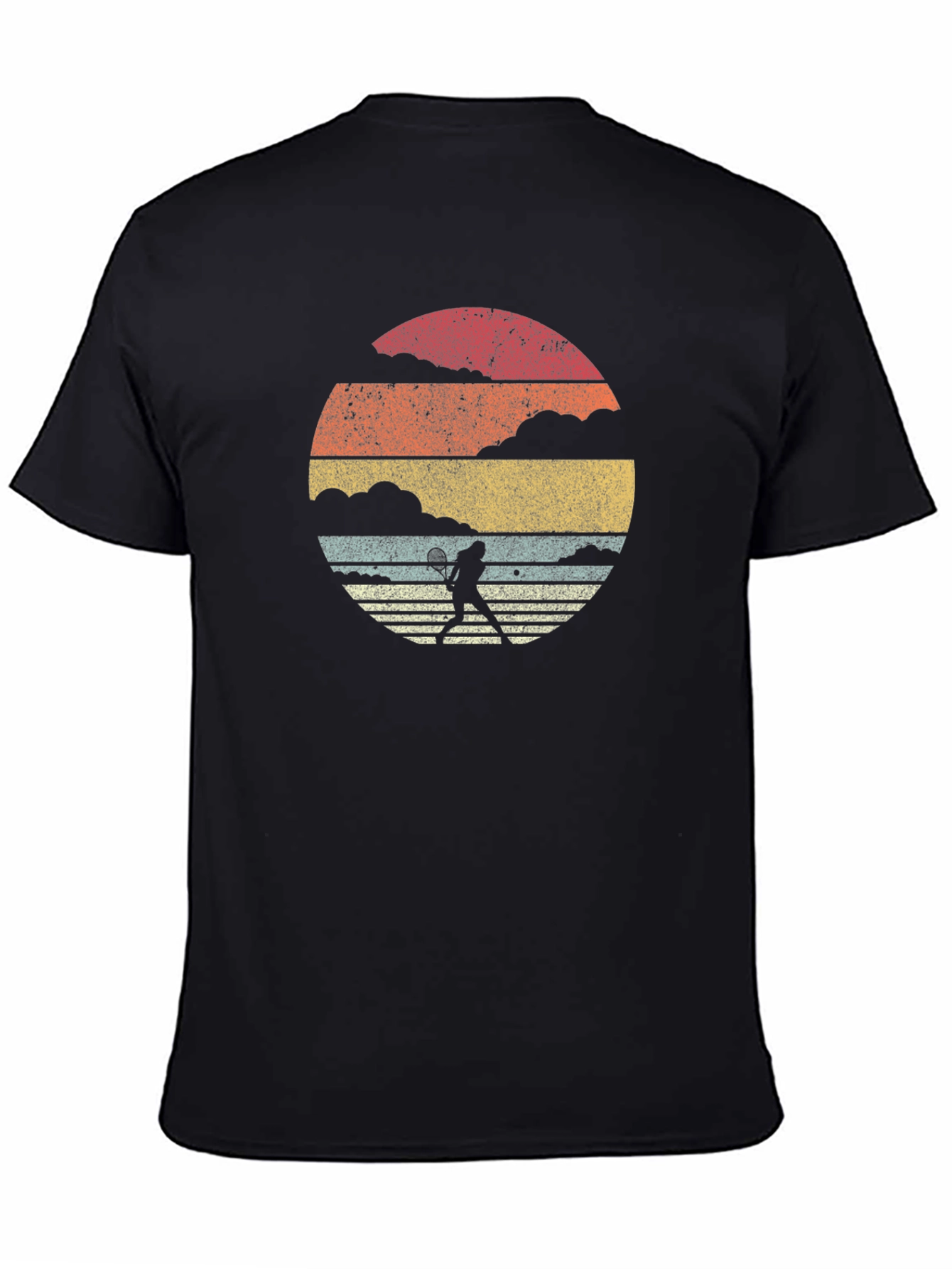 Retro Tennis Player Graphic Tee - Black Cotton T-Shirt
