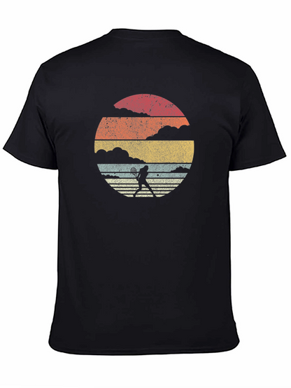 Retro Tennis Player Graphic Tee - Black Cotton T-Shirt