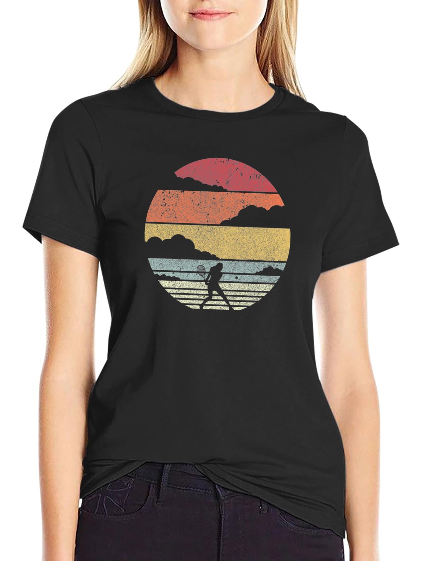Retro Tennis Player Graphic Tee - Black Cotton T-Shirt