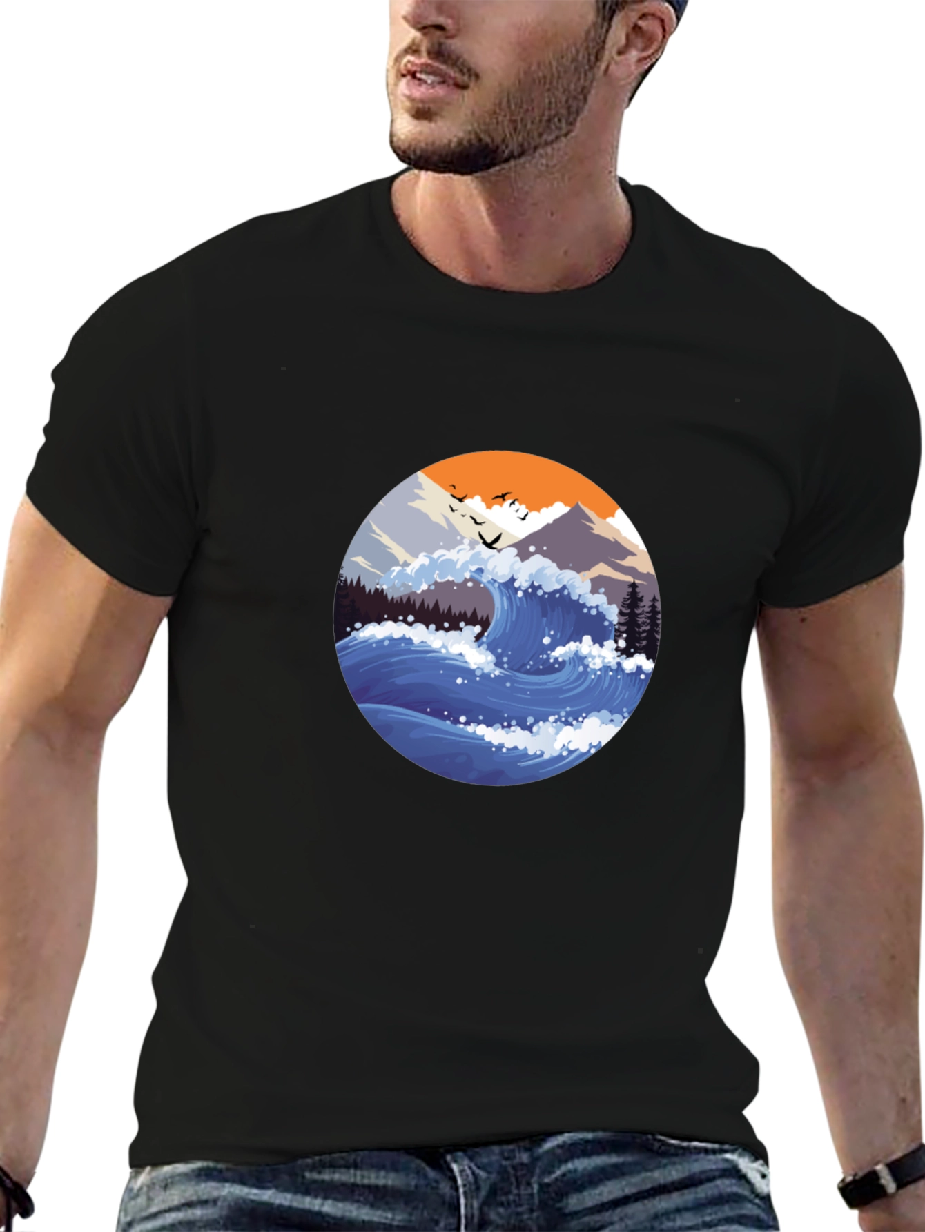 Wave Graphic Mens Black T-Shirt