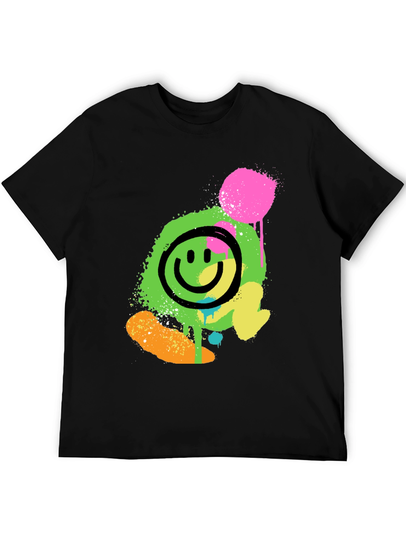 Neon Smiley Graphic Print Black T-Shirt