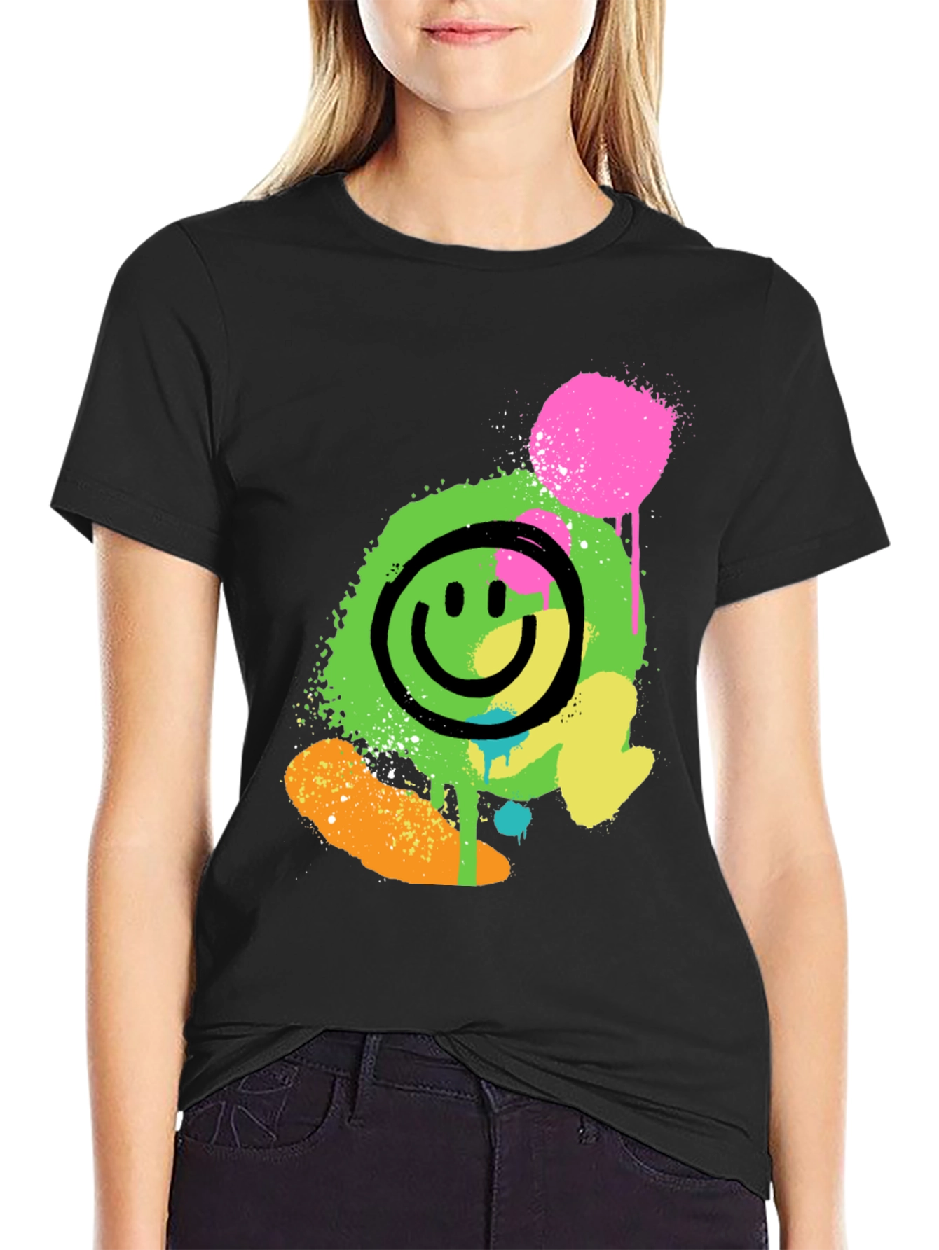 Neon Smiley Graphic Print Black T-Shirt