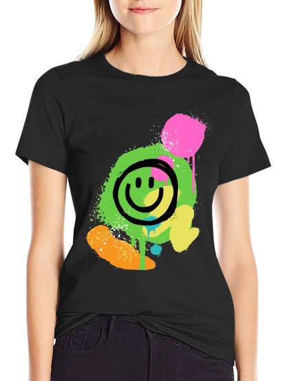 Neon Smiley Graphic Print Black T-Shirt