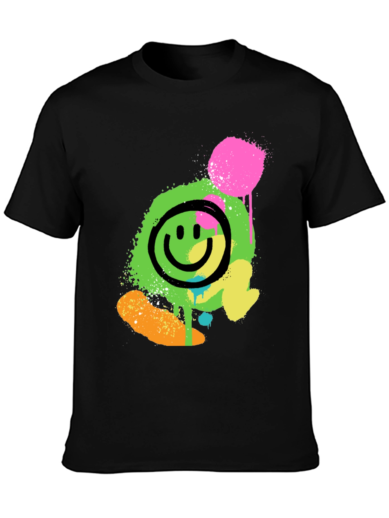 Neon Smiley Graphic Print Black T-Shirt