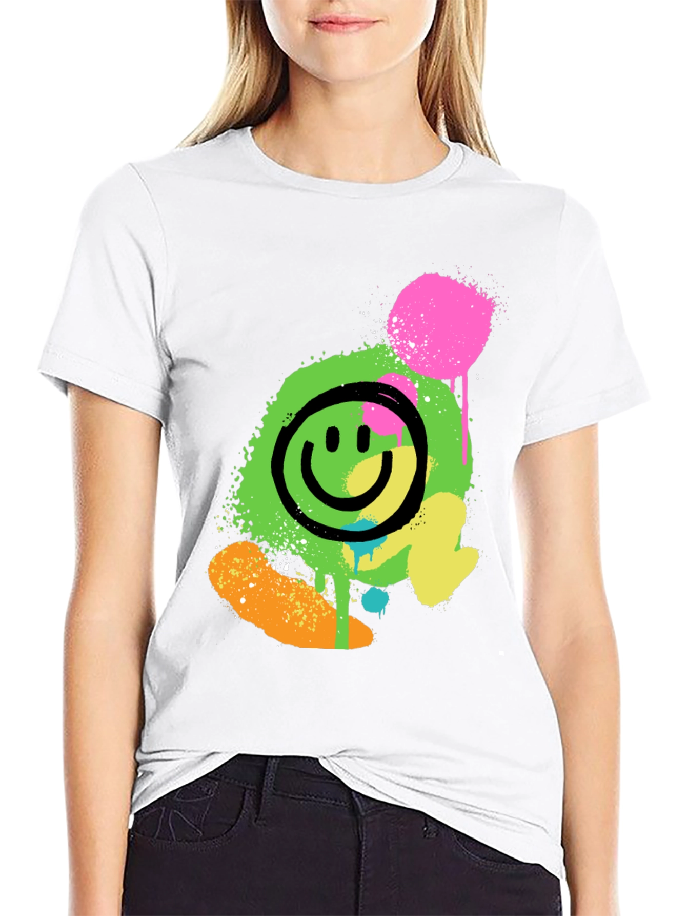 Neon Smiley Graphic Print Black T-Shirt