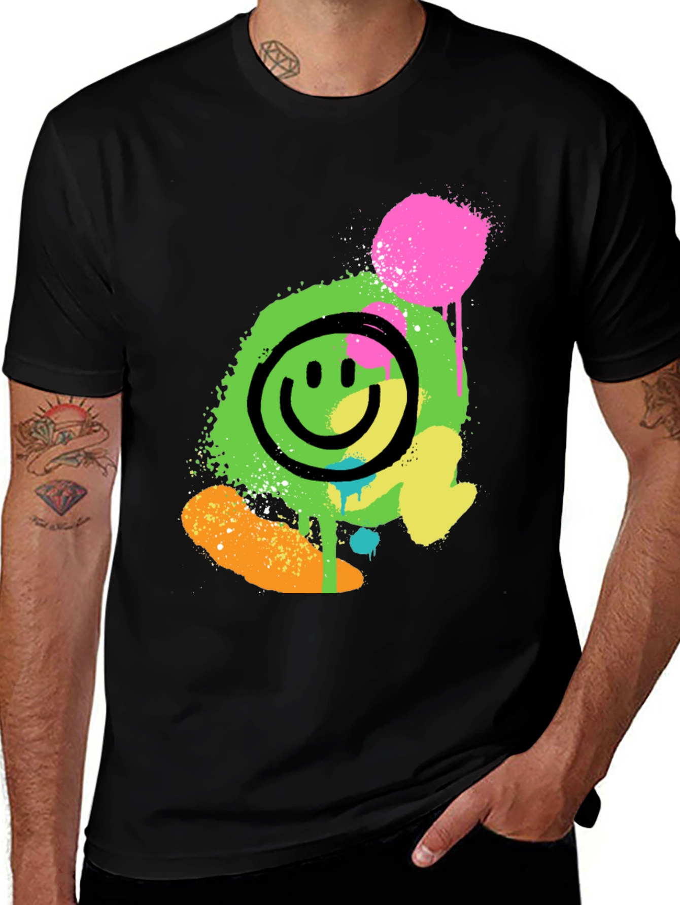 Neon Smiley Graphic Print Black T-Shirt