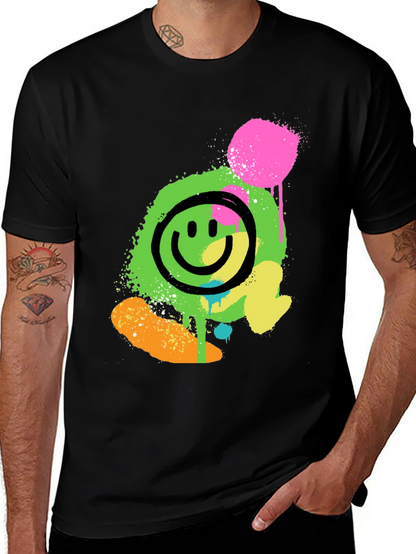 Neon Smiley Graphic Print Black T-Shirt