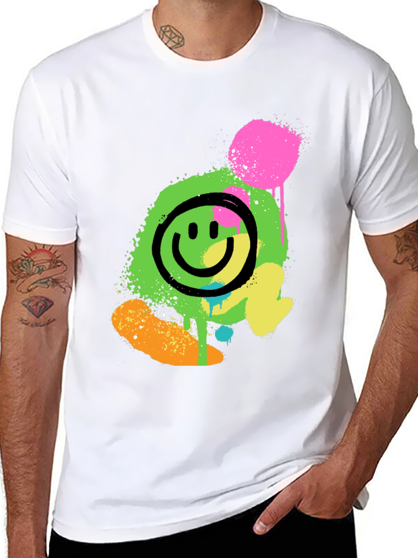 Neon Smiley Graphic Print Black T-Shirt